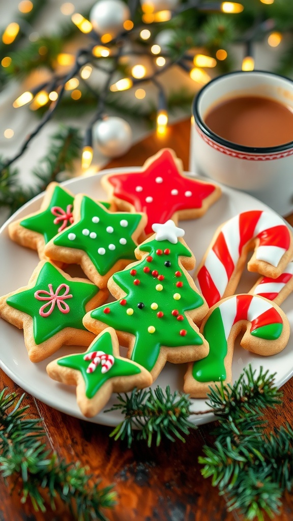 A plate of decorated Christmas sugar cookies in various shapes, accompanied by a cup of hot cocoa.